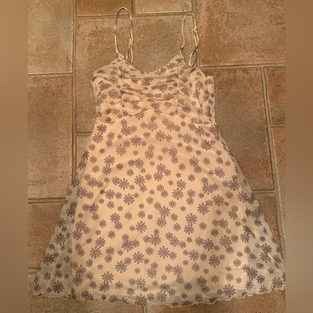 Altar'd State Cream & Blue Floral Mesh Spaghetti Strap Mini Sundress Size S